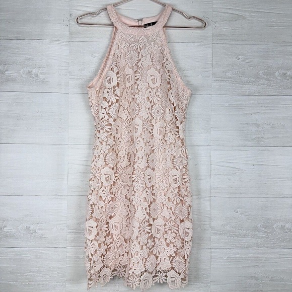 Lulus Cheers to Love Skater Mini Dress Women Medium Halter Neck Lace Blush Pink - Picture 7 of 16
